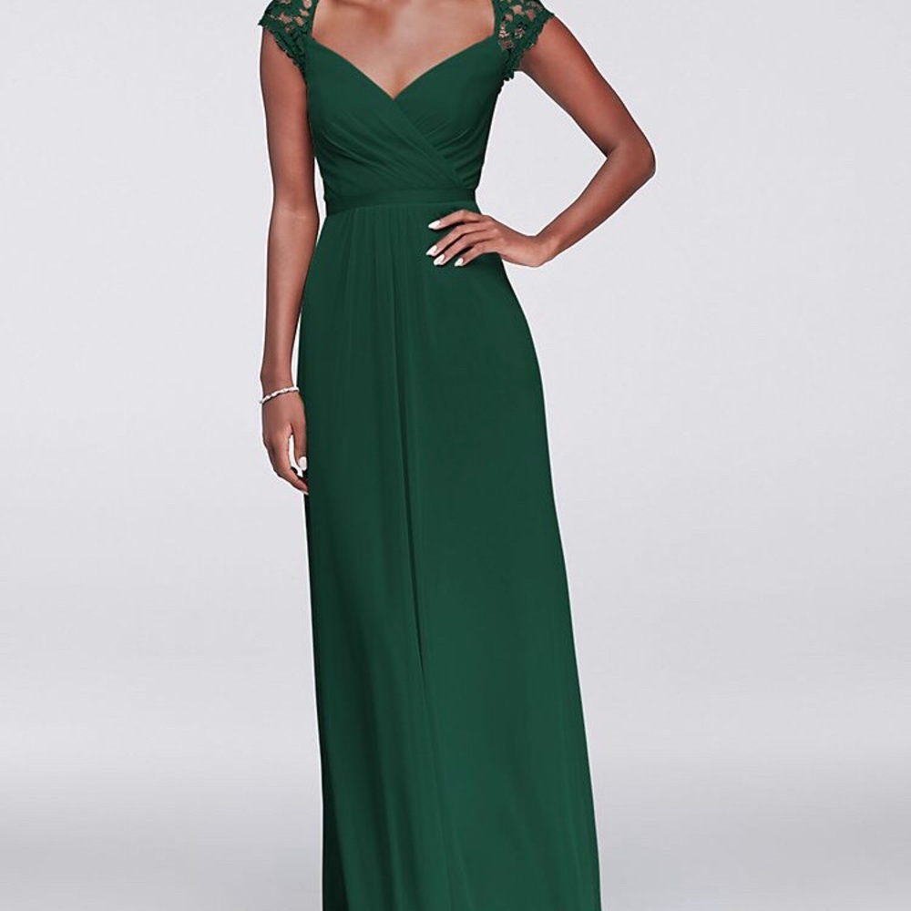 Long mesh dress with lace cap sleeve.